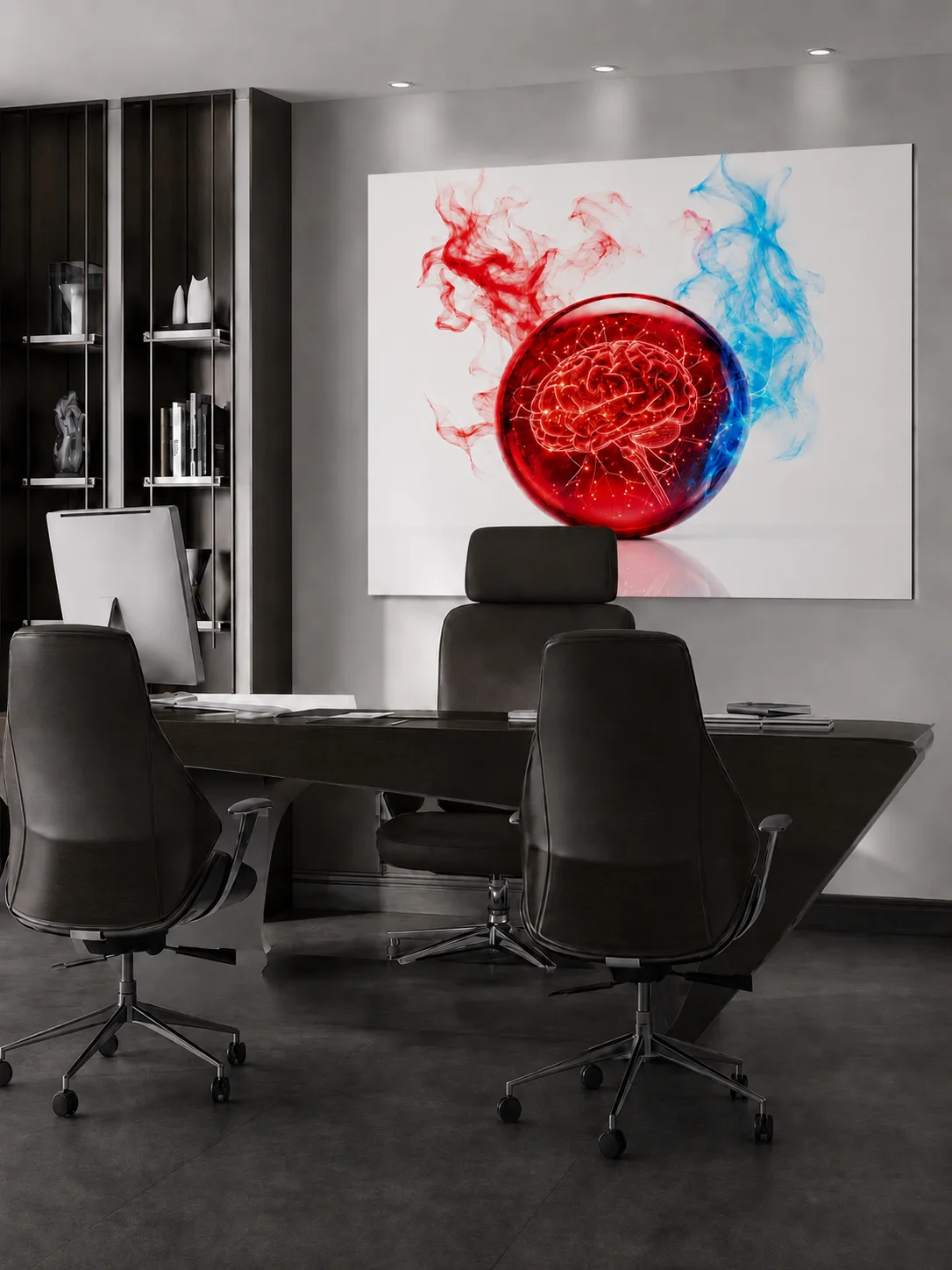 Besprechungsraum mit einem Wandbild: rote Glaskugel mit einem Gehirn darin, umspielt von rotem und blauem Rauch