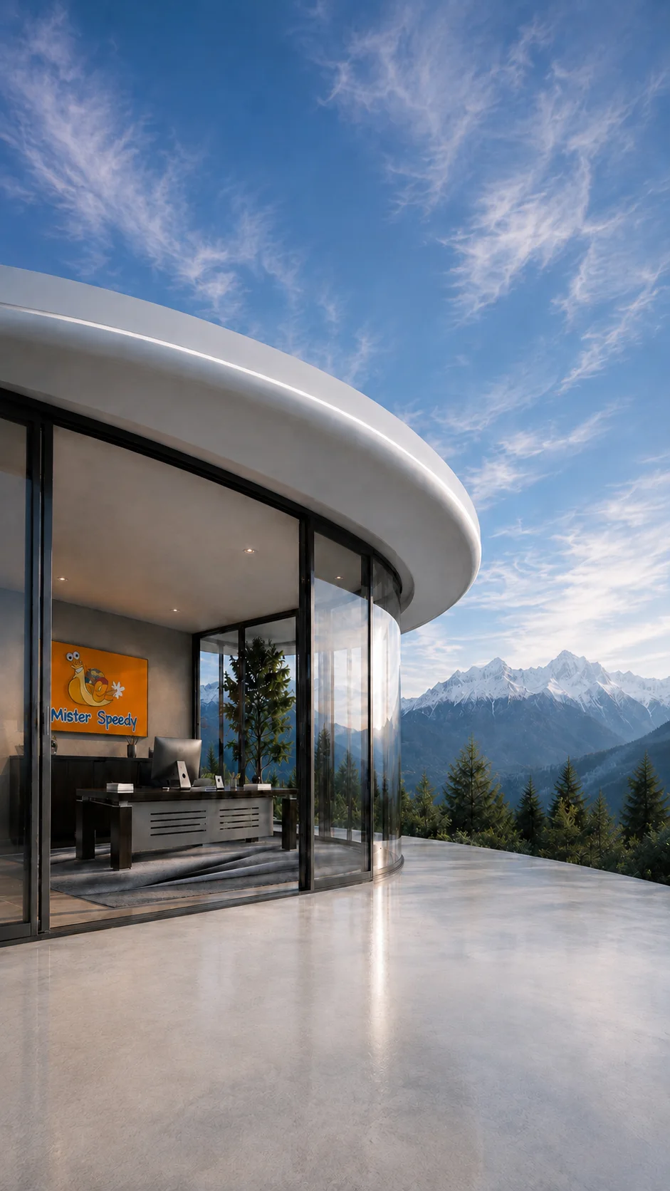 Rundes Büro aus Glas mit Blick auf die Berge