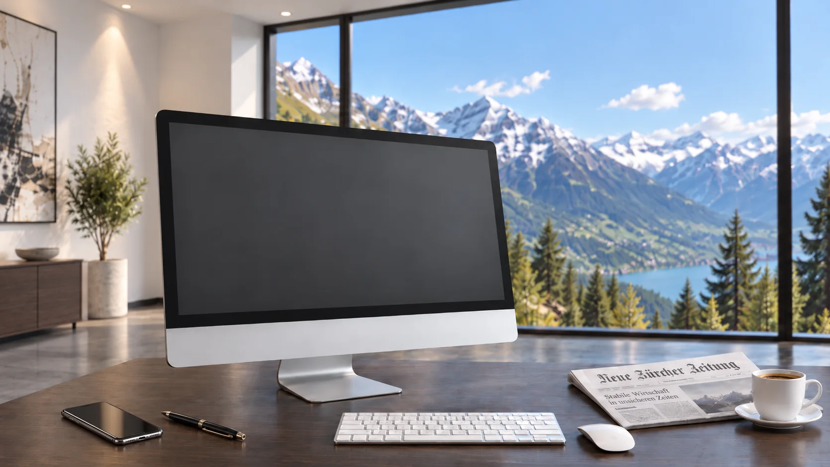 Schreibtisch mit Monitor vor einem Fenster mit Bergblick