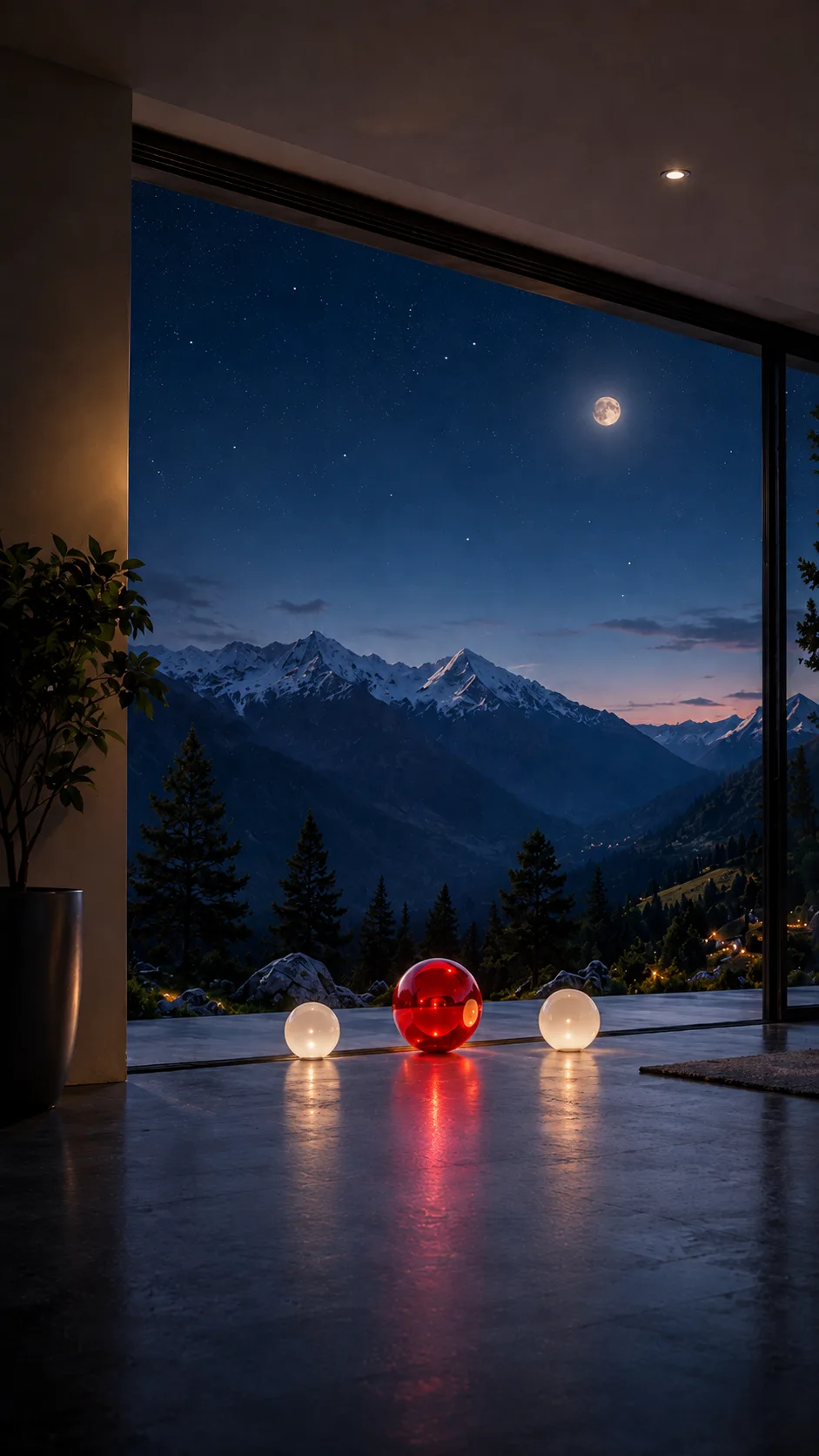 Rote Glaskugel zwischen zwei weiß leuchtenden Kugeln, dahinter die Berge bei Nacht